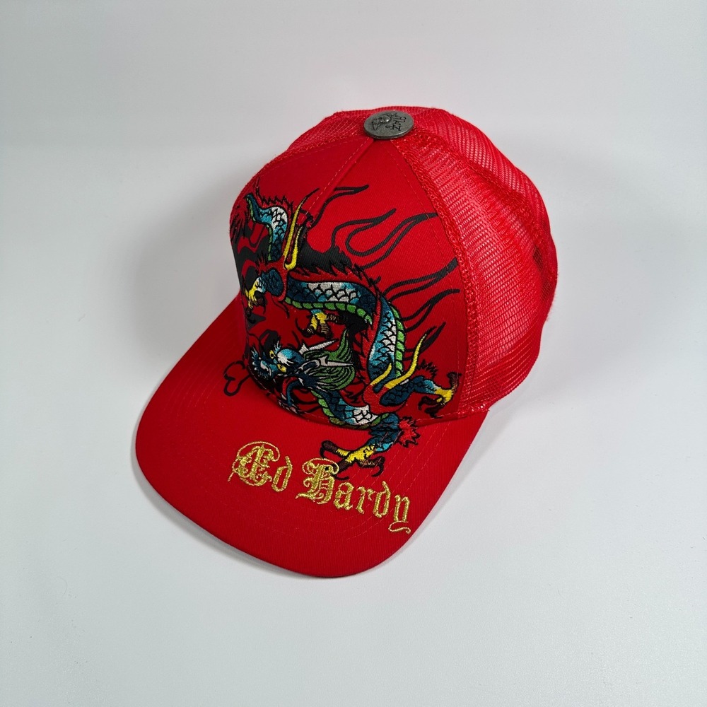 Ed Hardy Dragon Trucker Hat Snapback Mesh Y2K Tattoo Red Cap Mens OSFA